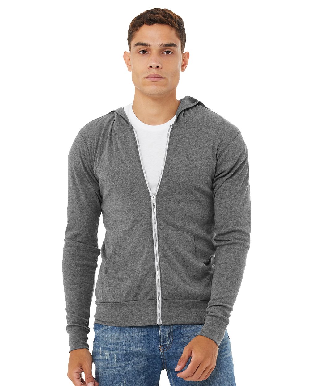 BELLA + CANVAS 3939 Unisex Triblend Lightweight Full-Zip Hooded Long Sleeve Tee