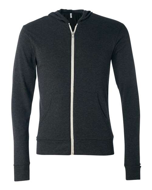 BELLA + CANVAS 3939 Unisex Triblend Lightweight Full-Zip Hooded Long Sleeve Tee