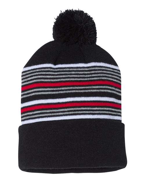 Sportsman - 12" Striped Pom-Pom Cuffed Beanie - SP60