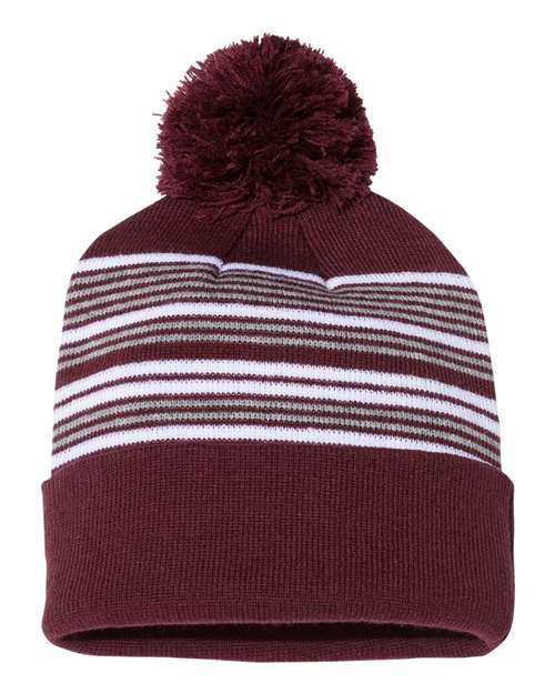 Sportsman - 12" Striped Pom-Pom Cuffed Beanie - SP60