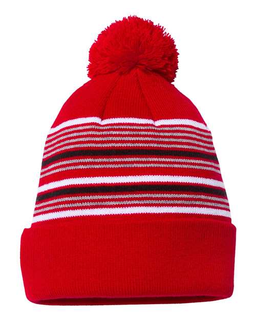 Sportsman - 12" Striped Pom-Pom Cuffed Beanie - SP60