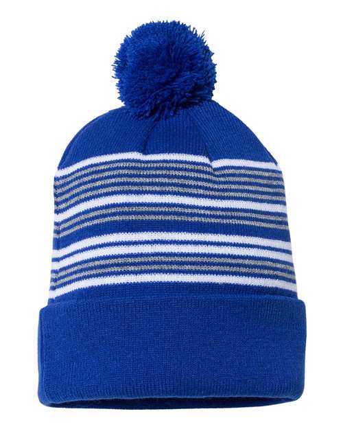 Sportsman - 12" Striped Pom-Pom Cuffed Beanie - SP60